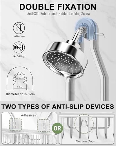 Shower Caddy Hanging - Never Rust Shower Hanging Organizer - Aluminum Over the ShowerHead Caddy with Soap Basket and 6 Hooks for Razor/Sponge (Frosted Silver) - color: Shiny Silver