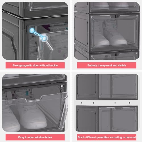 Shoe Box,Set of 6,Stackable Plastic Clear Shoe Box Organizer with Magnetic Door,Shoe Storage Box Thicken Sturdy,Easy Assembly,Fit up to US Size(Front opening door, Black) - color: Black, size: Front