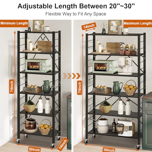 Himix 6 Tier Foldable Storage Shelves, Expandable Folding Bookshelf with Wheels, Changeable into 2 Shelf Units, Collapsible Adjustable Storage Rack Metal Shelves for Garage, Kitchen, Black - color: Black, size: 6-Tier