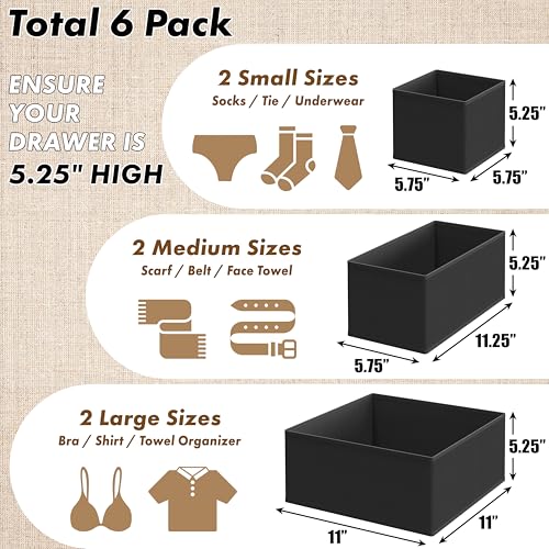 Simple Houseware Underwear Drawer Organizer for Lingerie/Undergarment/Bra/Panty/Sock/Onesie, Set of 6, Black - color: Black, size: Set of 6 - 2L / 2M / 2S