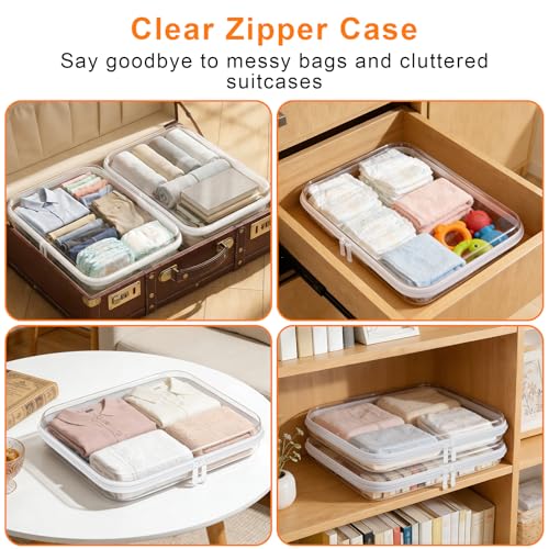 3PCS Clear Hard Shell Zipper Case,Toy Organizers and Storage Box,Clear Toiletry Cosmetic Case,Travel Makeup Bags,Diaper Bag Organizer,Pencil Case,Large Stackable Portable Zipper Pouches 13.8*11.8*2 IN - size: L