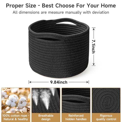 Small Rope Baskets for Storage, Baskets for Gifts Empty, Cute Round Woven Basket, Decorative Shelf Baskets 9.82×9.82×7.1", Cotton Toy Basket Storage Bins for Organizer-Black - color: Black-3PCS