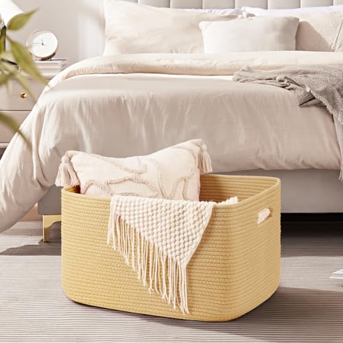 OIAHOMY 75L Large Blanket Basket, Woven Cotton Rope Baskets for Organizing 22”x17”x12”, Blanket Basket living Room, Toy Storage Bins for Nursery, Yellow - color: Yellow, size: 22”x17”x12”