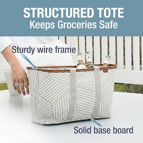CleverMade Collapsible LUXE Tote - Reusable Grocery Shopping Storage Bag Organizer w/Handles Reinforced Bottom - color: Geometric Taupe
