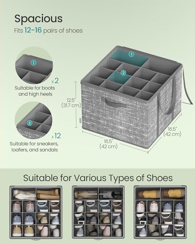 SONGMICS Shoe Organizer for Closet, Set of 2, Shoe Storage Box with Clear Lid, Foldable Fabric Bins, Holds 32 Pairs Total, Reinforced Handles, 16.5 x 16.5 x 12.5 Inches, Cattail Gray ULSP602G01 - color: Cattail Gray, size: 2 Pack