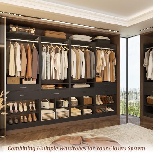 Unikito 50" W x 80" H Closet Organizer Storage System with 2 Hanging Rod and 2 Wooden Drawers, Adjustable Shoes Rack, 4 Cubby Storage, Walk-in Closet Tower for Bedroom, Mudroom, Entryway, Black - color: Black, size: 50 Inch