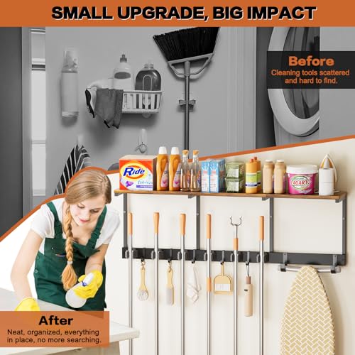 Broom Holder Wall Mount with Cleaning Supplies Organizer, Laundry Room Organization and Storage Shelves with Ironing Board Holder, Mop Hanger Broom Rack with Hooks, Home Improvement Garage Organizer - size: Extra Large