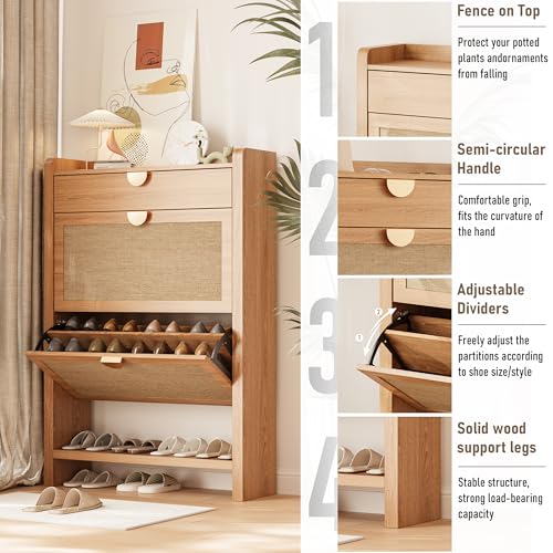 INNOD Rattan Shoe Storage Cabinet, Shoe Organizer with 2 Flip Drawers, Narrow Shoe Cabinet, Free Standing Hidden Shoe Storage, Shoe Rack for Entryway/Hallway/Closet, Natural Oak