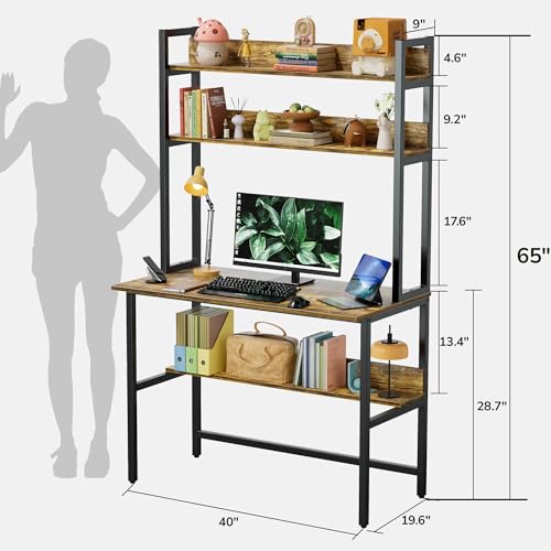 Aquzee Computer Desk with Hutch, 40“W x 19.6" D Desk with Shelves, Tall Home Office Desk with Bookshelf, Metal Legs Study Table with Upper Storage Shelf for Study Writing/Workstation, Brown - color: Brown, size: 40inch