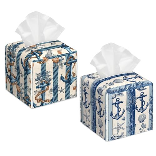 2 Pcs Tissue Box Cover Square,Anchor Starfish Tissue Box Holder Leather Facial Paper Organizer Dispenser for Bathroom Kitchen Bedroom Night Stand Office Desk - color: Anchor Starfish