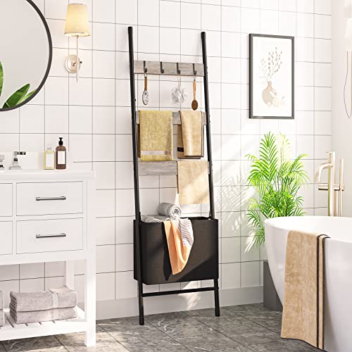 HOOBRO Blanket Ladder with Basket, 17.3”L x 63.4”H, Towel Rack with Hooks, Blanket Holder Rack, Decorative Ladder Shelf, Drying and Display Rack for Bathroom, Living Room, Greige BG31CJ01 - color: Greige + Black