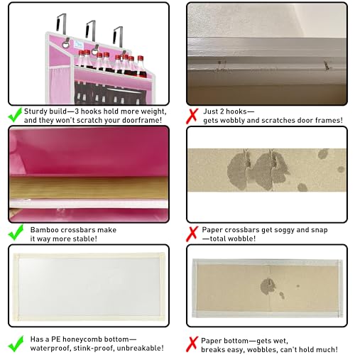 over the door organizer, Solid Bamboo Board (Not Plastic!) 6-Tier Heavy Duty 75LB, 12 Side Pockets, 3 Reinforced Hooks & Anti-Slip Pads, Waterproof & Washable, No Sagging, No Door Damage,Pink - color: over door organizer-Pink