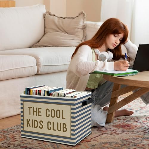 Blue Striped Kids Storage Bins Box with Handles, the Cool Kids Club Collapsible Basket Organizer for Classroom Boys Girls Room Bedroom Nursery Playroom Toys Books Clothes - color: Color13