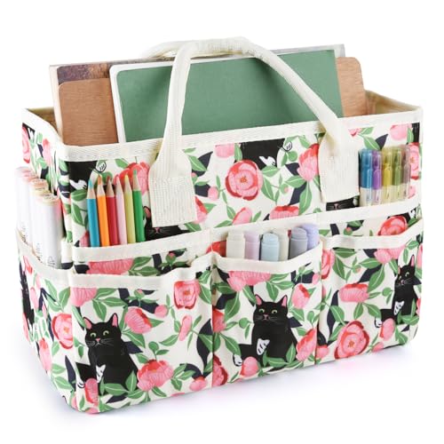 E-WEICHEN Craft Organizer Tote Bag Art Storage Caddy with Multiple Pockets Containers for Art,Craft,and Office Supplies Storage.Rose Cat - color: Rose Cat