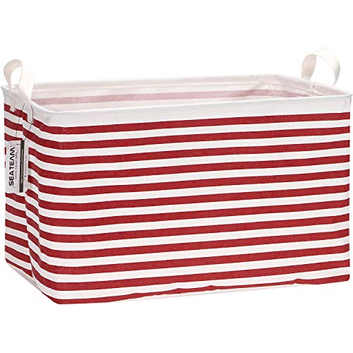 Sea Team Collapsible Canvas Fabric Storage Basket with Handles, Rectangle Waterproof Storage Bin, Box, Cube, Foldable Shelf Basket, Closet Organizer, 16.5 x 11.8 x 9.8 Inches, Red Stripe - color: Stripe/Red, size: 16.5 Inch (Pack of 1)