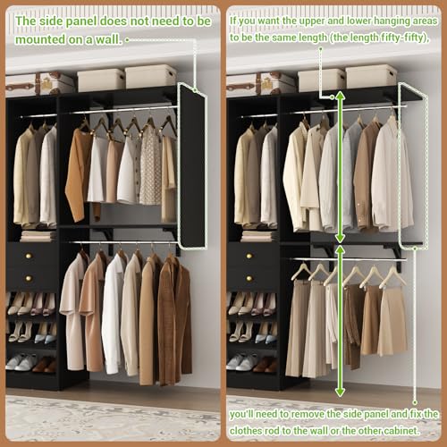 Besiost Closet System - 60"/92" Closet System with Drawers, 5FT/7.67FT Closet Organizer System with Reversible Hanging Shelving and Hanging Rods, for Small/Walk-in Closets, Black - color: Black, size: 5FT