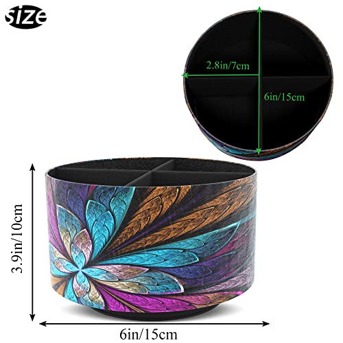 Hennaja Round Leather Art Supply Organizer,Remote Control Holder,360 Degree Rotating,Multi-Functional Pencil Holder,4 Compartments Desktop Stationary Organizer(1-Fractal Flower) | Round, 360 Degree Rotating, Multi-Functional, Desktop - color: 1-Fractal Fl