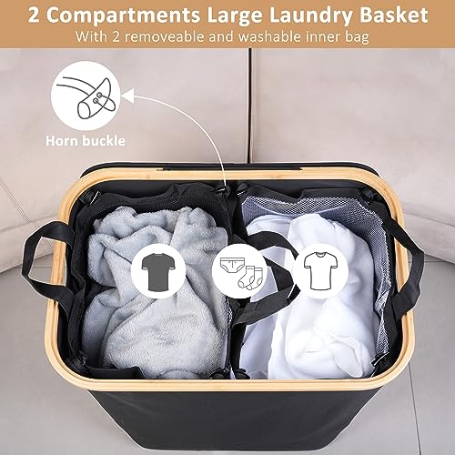iEGrow 150L Laundry Basket with Lid,Large Laundry Hamper with Bamboo Handles, Hampers for Laundry, Dirty Clothes Hamper with 2 Removable Inner Bags for Clothes Toys Towels,Black - color: Black, size: 150L