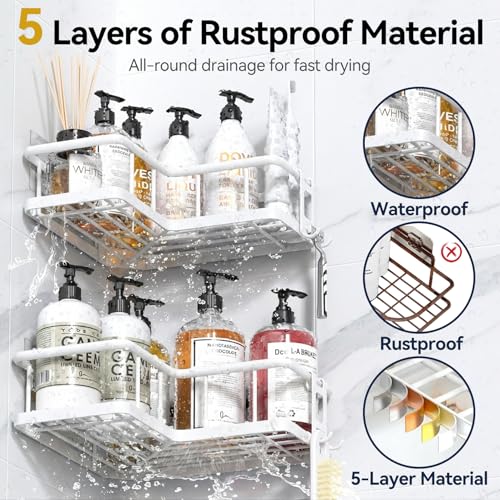 YASONIC Shower Caddy Corner, 3-Pack Adhesive Rustproof Stainless Steel Shower Shelves with Soap Holder, No Drilling Shower Organizer Corner for Dorm, Renters Bathroom, White - color: White, size: 3Pack