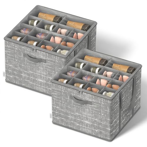 SONGMICS Shoe Organizer for Closet, Set of 2, Shoe Storage Box with Clear Lid, Foldable Fabric Bins, Holds 32 Pairs Total, Reinforced Handles, 16.5 x 16.5 x 12.5 Inches, Cattail Gray ULSP602G01 - color: Cattail Gray, size: 2 Pack