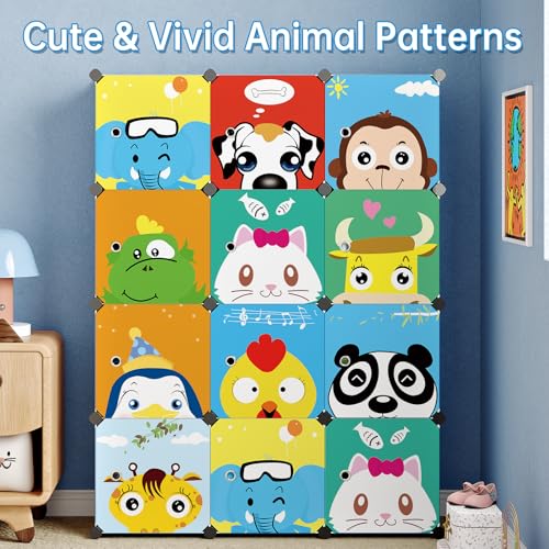 MAGINELS Kids Closet,Baby Wardrobe Closet with Door,Cute Portable Armoire Dresser,Clothes Hanging Storage Rack for Boy Bedroom,Blue,12 Cube(14x14inch) - color: Blue, size: 12 Cube