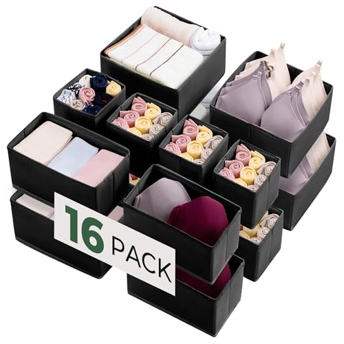 Kootek 16 Pack Drawer Organizer Clothes, Dresser Drawer Organizers for Clothing Fabric Foldable Closet Organizers and Storage Bins for Baby Clothes, Nursery, Underwear, Bras, Socks - color: Black