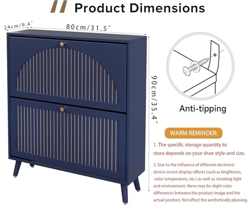 Fsbecl Shoe Storage Cabinet for Entryway with 2 Flip Drawers, Narrow Wood Shoe Cabinet with Fluted Panel, Freestanding Hidden Shoe Organizer for Foyer, Hallway (Blue - with Shelf) - color: Blue - With Shelf