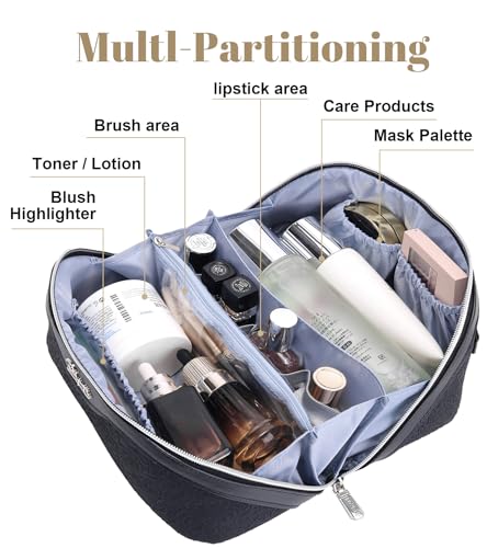 BOYATU Travel Makeup Bags Cosmetic Organizer Bag: 3-Set Large Capacity Make up Bag - PU Leather Toiletry Bags for Women - Wide Open Portable Pouch with Divider & Handle (A-Black) - color: A-Black