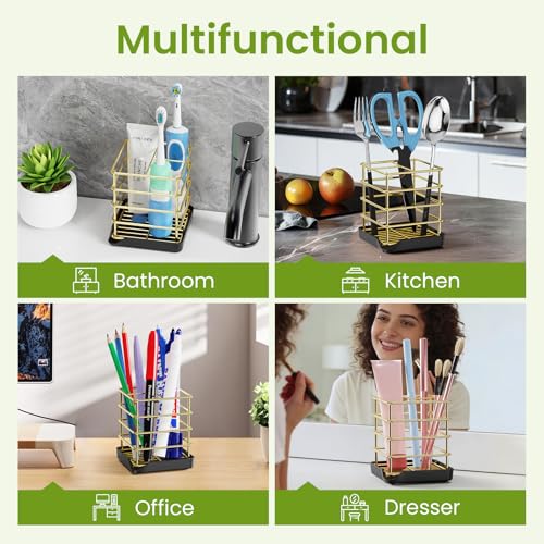 Toothbrush Holders for Bathrooms, Stainless Steel Toothbrush Holder Kids Electric 3 Slots Tooth Brushing Holder Stand and Toothpaste Holder for Bathroom Accessories Organizer with Tray, Gold - size: Gold