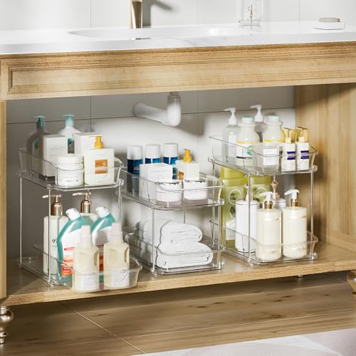 Delamu 2-Tier Under Sink Organizers and Storage, Multi-Purpose Stackable Bathroom Cabinet organizers, Pull Out Kitchen Pantry Organization and Storage with Dividers(3 Pack, Clear) - color: Clear, size: 3 Pack