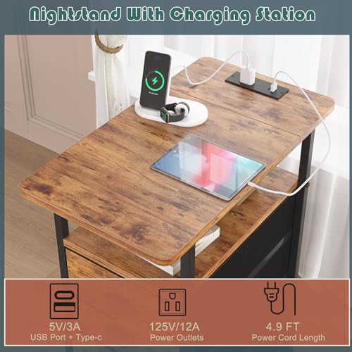 sthmec End Table with Charging Station, Side Tables Livingroom with USB Ports and Outlets,Narrow Nightstands Bedside Tables with 3 Drawers for Small Space,Slim Sofa Table Bedroom,Rustic Brown - color: Rustic Brown, size: 11.75'' W*21'' D* 24.3'' H, style: