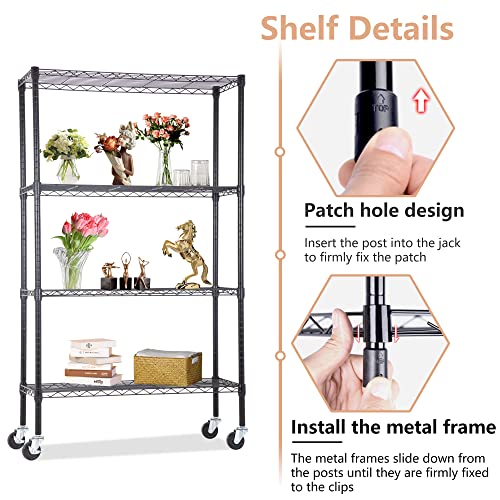 BestOffice | 4-Tier Wire Storage Shelves with Wheels | 36x14x62 | Black | Adjustable Racks | Heavy-Duty Metal Shelf, Holds Upto 500 lbs | No-Tool Assembly | Ideal for Home & Garage Shelving - color: Black, size: 36"D x 14"W x 62"H