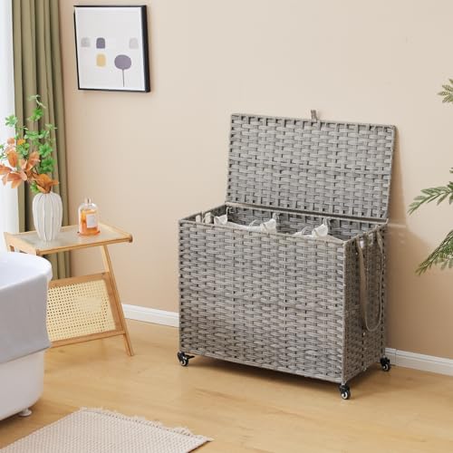 Laundry Hamper with Wheels, 52.8 Gallon(200L) Rolling Laundry Basket with Lid, 3-Section Rattan Clothes Hamper with 3 Removable Liner & 3 Mesh Bags, Laundry Sorter with Side Pocket, Grey - color: Grey, size: 200L（31.5 x 15.75 x 25.6 Inches）
