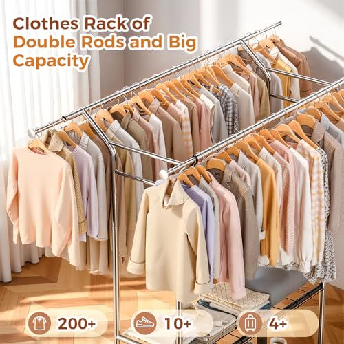 Luxspire Heavy Duty Clothes Rack Load 650 LBS, Double Rod Clothing Racks for Hanging Clothes, Rolling Garment Racks with Lockable Wheels, Shelves, Adjustable Laundry Hanging Rack, Silver - color: Silver