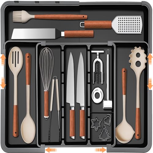 Spaclear Large Utensil Drawer Organizer Expandable Silverware Organizer for Kitchen Drawer Adjustable Cooking Utensil Holder Cutlery Flatware Tray Spatula Tools Gadgets Storage Dividers Plastic Black - color: Black