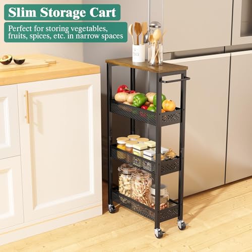 Giwil Slim Rolling Storage Cart 4 Tier Bathroom Organizer Mobile Shelving Unit Utility Cart with Wood Top and Handle for Kitchen Laundry Narrow Places, Black - color: Black, size: 4 Tier (W-7.1IN)