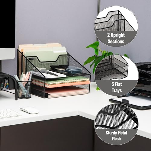Mind Reader Metal Mesh Desktop File Organizer, 3-Tier Paper Tray with 5 Compartments, Office Mail Sorter, Black - color: Black
