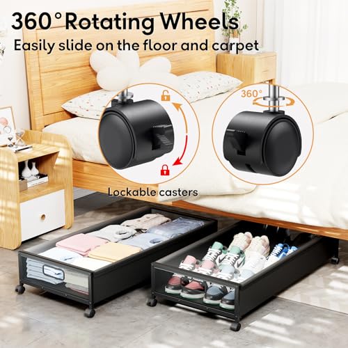 Under Bed Storage Containers with Wheels 2 Pack Underbed Shoe Storage Bedroom Storage Bins Organizer Large Capacity Under Bed Storage with Lid for Clothes Shoes Toys Blankets (Black) - color: Black, size: 2pcs