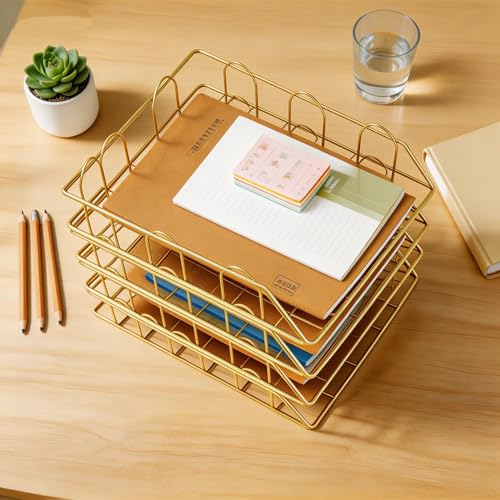 JIARI 4 Pack Desk Organizer Stackable Letter Tray Paper Organizer, Metal Desk Organizer Tray for Letter/A4 Paper Storage, for Office Supplies (Gold 4 Pack) - color: Gold 4 Pack