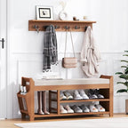 PETKABOO 39.4" Shoe Bench with Coat Rack Hidden Drawer and Side Holder, 2 Tier Entryway Bench with Storage, Bamboo Shoe Rack with Cushion for Entryway Hallway Living Room Bedroom - size: 39.4 in with Hook