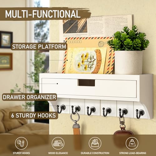Rebee Vision Decorative Pine Wood Key Holder Wall Mount with Drawer Organizer - Mail Organizer with 6 Key Hooks - Stylish Wall Shelf for Apartment Essentials (Modern White) - color: White, style: 1-Drawer