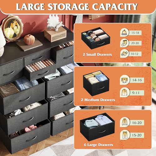 WLIVE Dresser for Bedroom with 10 Drawers, Fabric Dresser Chest of Drawers with Side Pockets and Hooks, Sturdy Metal Frame, Drawers Organizer Unit for Living Room, Hallway, Black - color: Black