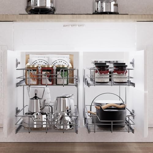 2 Tier Pull Out Cabinet Organizer 18" W X 22" D, Slide Out Drawers For Kitchen Cabinets, Pull Out Drawers For Cabinets Capacity Heavy Duty Caddy, Cabinet Pullout Shelves Chrome-Plated,Bathroom Pantry - color: 2 Tier - Chrome-Plated, size: 18" W X 22" D