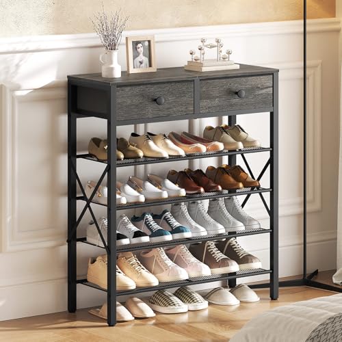 YATINEY 5 Tier Shoe Rack, Large Capacity Shoe Storage Organizer, Metal Shoe Shelf with Drawer and Wooden Top, for 20 Pairs of Shoes, for Entryway, Closet, Charcoal and Black SS25BCY1 - color: Charcoal + Black, size: 27.7" x 10.8" x 37.7"