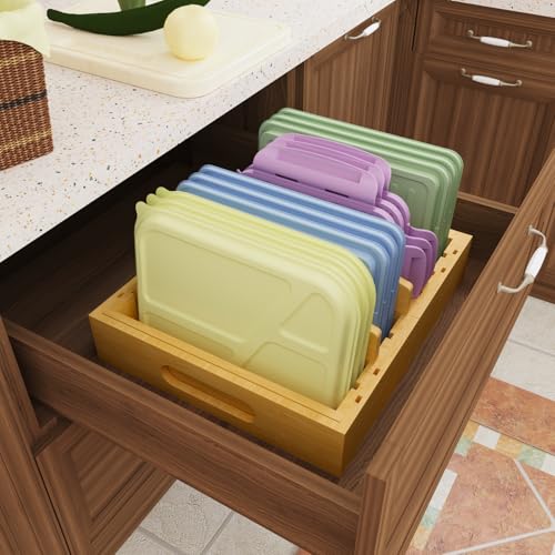 Lid Organizer for Cabinet – Bamboo Kitchen Storage for Plastic Lids, Adjustable Drawer Dividers, Food Container Organizer (Fits Cabinets & Drawers) (Extra Large) - size: Extra Large