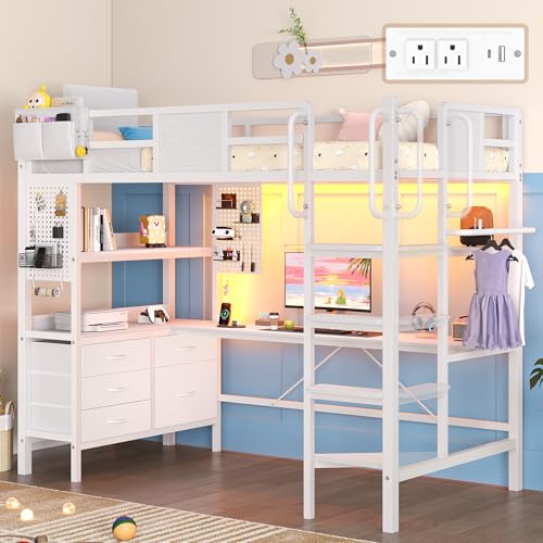 Dnxao Loft Bed Twin Size with L-Shaped Desk, Heavy-Duty Metal Twin Loft Bed with 5 Storage Drawers, LED Lights & Charging Station, Reinforced Stable Structure for Small Room Dorm Apartment, White - color: White, size: Twin loft bed with 5 drawer