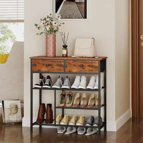 Snughome Shoe Rack for Entryway, 4 Tier Shoe Organizer with 2 Non-Woven Drawers, Shoe Storage Shelves with Sturdy Wooden Top and Metal Shelves, Shoe Stand for Closet - size: 4 Tier (29.53"H)