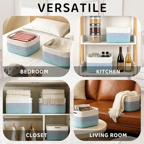 4 Pack Storage Baskets for Organizing, 12''Lx9''Wx8''H Woven Baskets for Storage Toys, Towels, Books, and Clothes, Cotton Rope Basket for Shelves with Handle (White & Blue) - color: White & Blue
