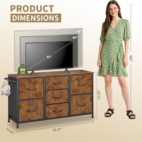 Fabric Dresser for Bedroom, Small Dressers for Kids Bedroom, 7 Drawers Dresser for Closet, Storage Organizer Chest of Drawers for Nursery, Dorm, Apartment, TV Stand, Wood Top, Side Hook (Rustic Brown) - color: Rustic Brown, size: 11.8"D x 39.4"W x 21.7"H