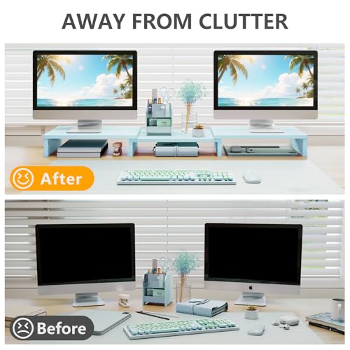 TAVR Dual Monitor Stand Riser Office Desktop Organizer Stand for 2 Monitors, Adjustable Length and Angle 3 Shelf, Extra Long Multifunctional Stand up to 43.3" fit Computer, Laptop, TV, Blue - color: Blue